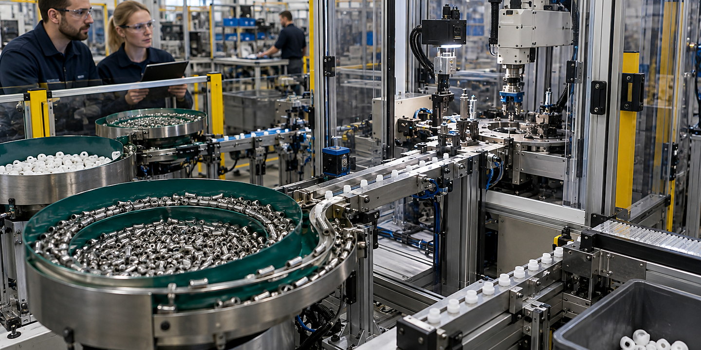 A clean production area where small medical components are gently fed into an automated assembly cell, with enclosed handling and operators visible.