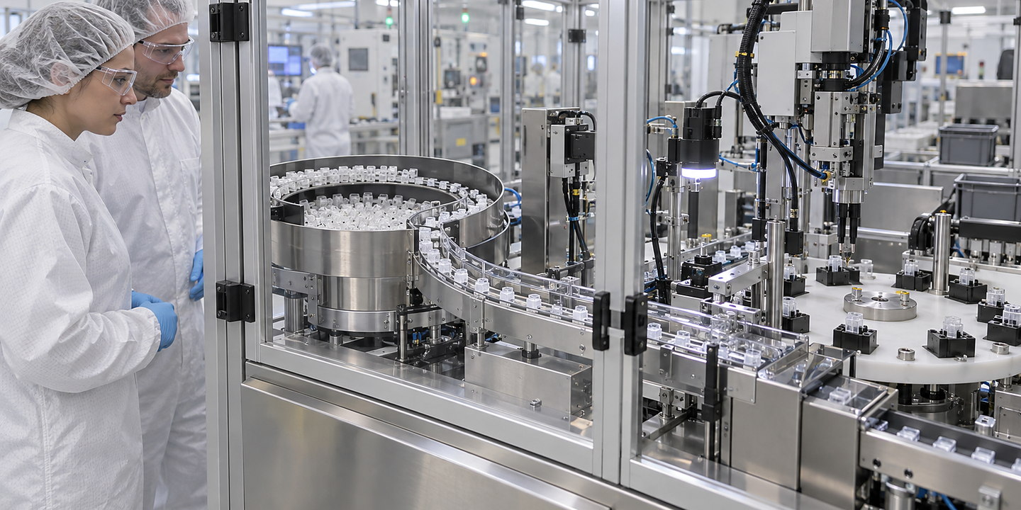 A clean production area where small medical components are gently fed into an automated assembly cell, with enclosed handling and operators visible.